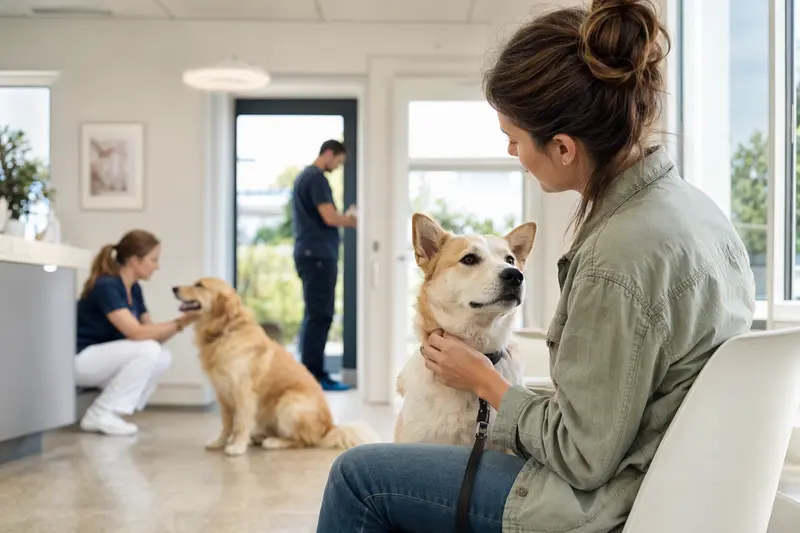 Kishu Hund sitzt ruhig neben seinem Besitzer im hellen Wartezimmer einer modernen Tierarztpraxis.